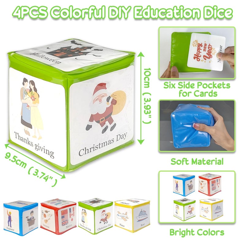 BOHEMIABY 3.9 in Large Education Foam Pocket Dice  Stacking Blocks Squishy Story Cubes  Home Classroom DIY Blank Dice with 24 Theme Cards for Exercise Language Expression Imagination(Colorful 4 Pcs) - Image 3